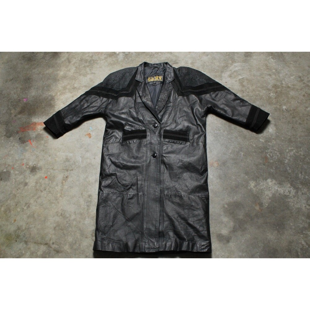 Vintage 1980's Direct Action NY Black Mixed Leather Trench Coat - Large